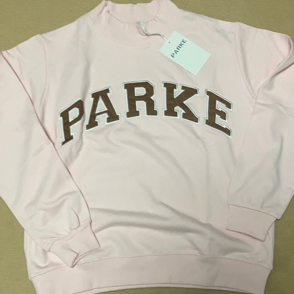 Parke Sweaters - Parke Baby pink mock neck sweatshirt brown Embroidered Logo Pullover size XXL